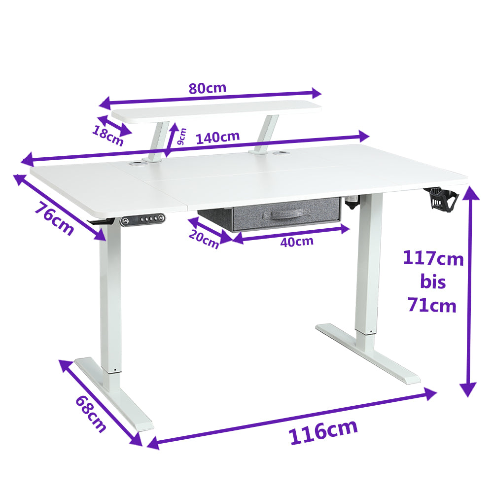 140(160) x 76 cm höhenverstellbarer elektrischer Sitz- und Stehständer für Zuhause und Büro mit Monitorständer und Schublade