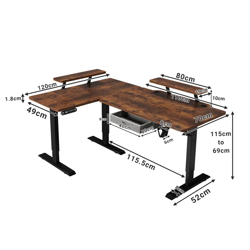 160 x 120cm L-förmiger Stehschreibtisch, verstellbarer elektrischer Sitz- und Stehpult für Zuhause und Büro mit Monitorständer und Schublade, Eiche