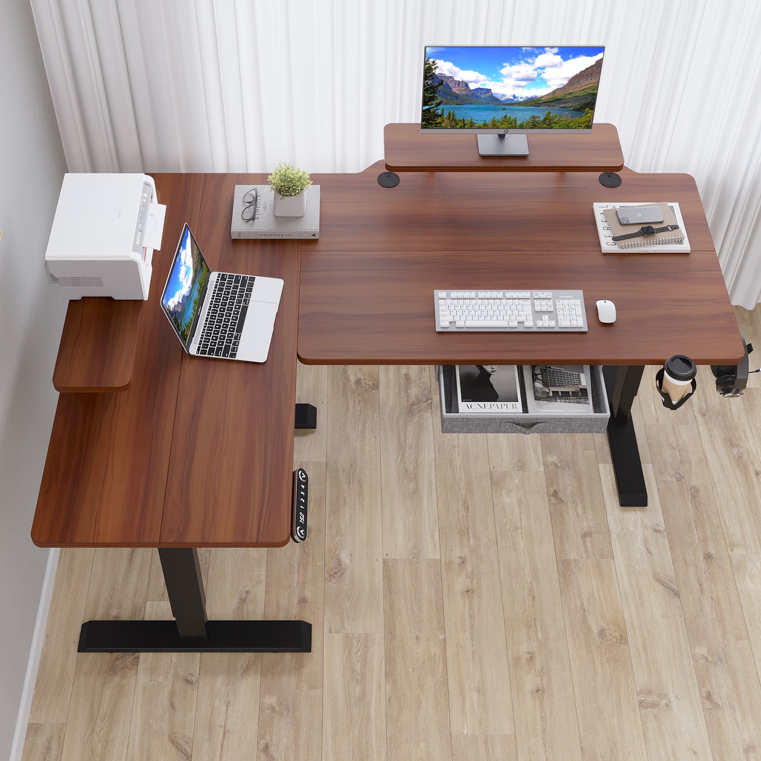 160 x 120cm L-förmiger Stehschreibtisch, verstellbarer elektrischer Sitz- und Stehpult für Zuhause und Büro mit Monitorständer und Schublade, Eiche