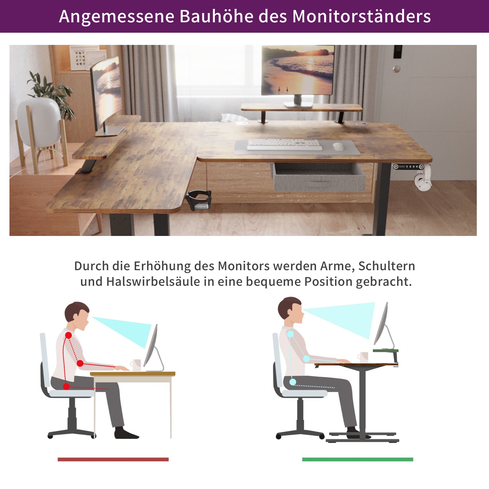 160 x 120cm L-förmiger Stehschreibtisch, verstellbarer elektrischer Sitz- und Stehpult für Zuhause und Büro mit Monitorständer und Schublade, Eiche