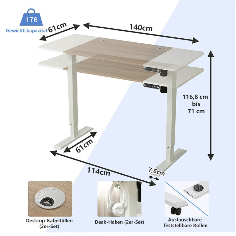 140 x 60cm Elektrisch Höhenverstellbarer Schreibtisch - Sitz-Stehpult für Büro & Home-Office, Rollen