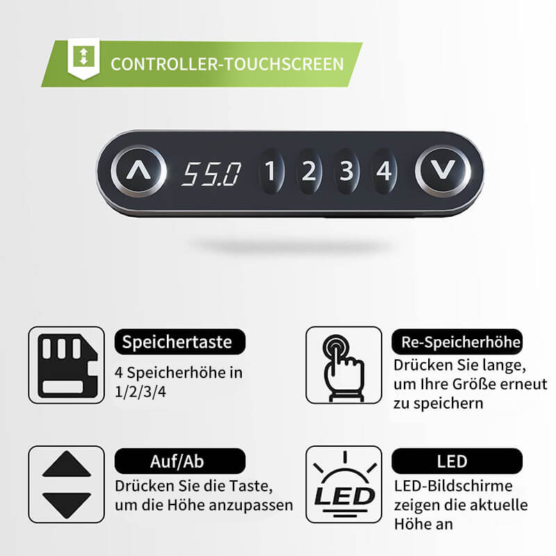 Elektrisch Tischgestell / Schreibtischgestell elektrisch höhenverstellbar mit 2 Motoren, 4 Höhenspeicherplätzen und Rollen, geeignet für die meisten Tischplatten