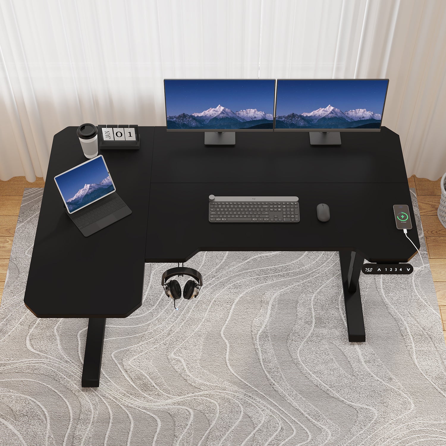 150 x 100cm L-förmiger Stehschreibtisch, Schwarz,Helle Eiche,Rustikales Braun