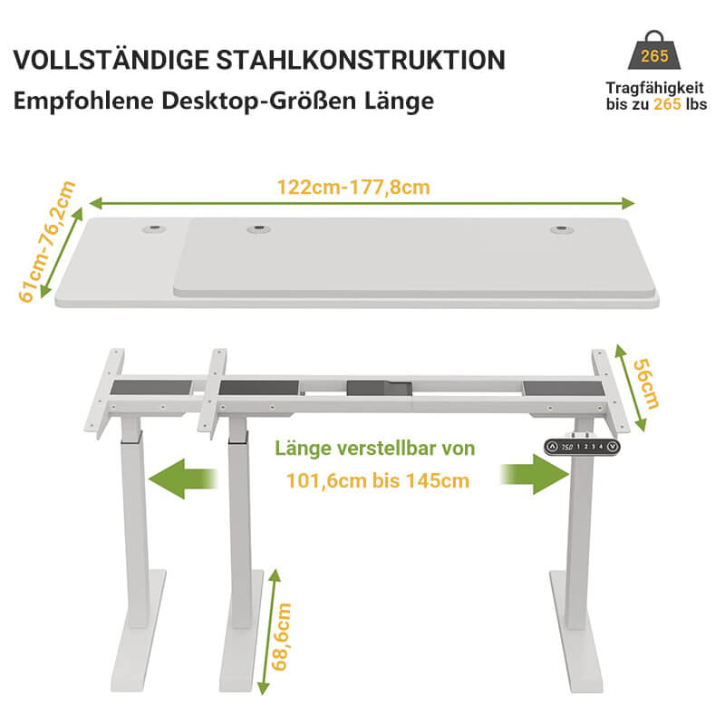 44" x 22.6" Premium Dual Motor Height Adjustable Standing Desk Frame with Wheels, Black or White
