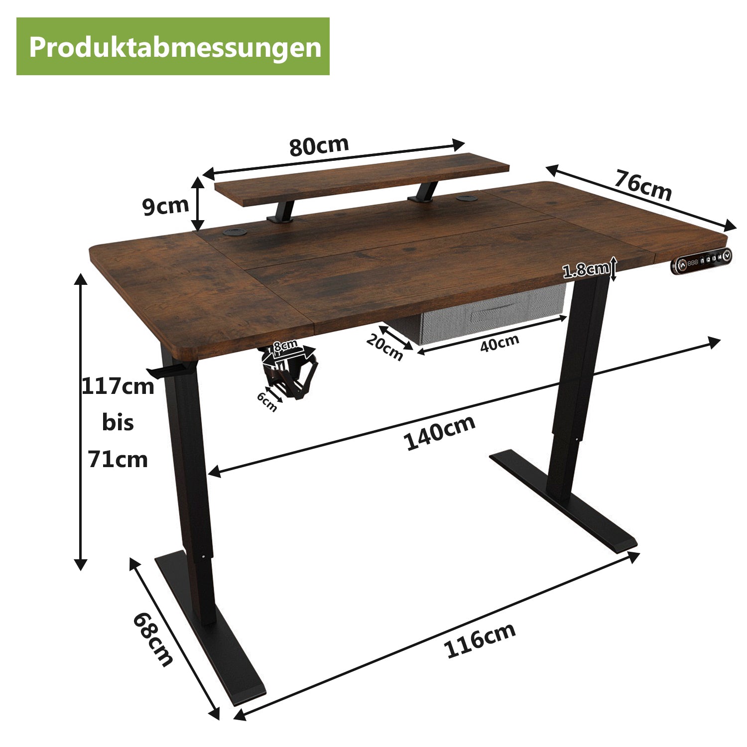 140(160) x 76 cm höhenverstellbarer elektrischer Sitz- und Stehständer für Zuhause und Büro mit Monitorständer und Schublade