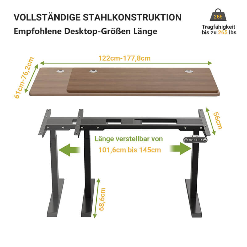 Elektrisch Tischgestell / Schreibtischgestell elektrisch höhenverstellbar mit 2 Motoren, 4 Höhenspeicherplätzen und Rollen, geeignet für die meisten Tischplatten