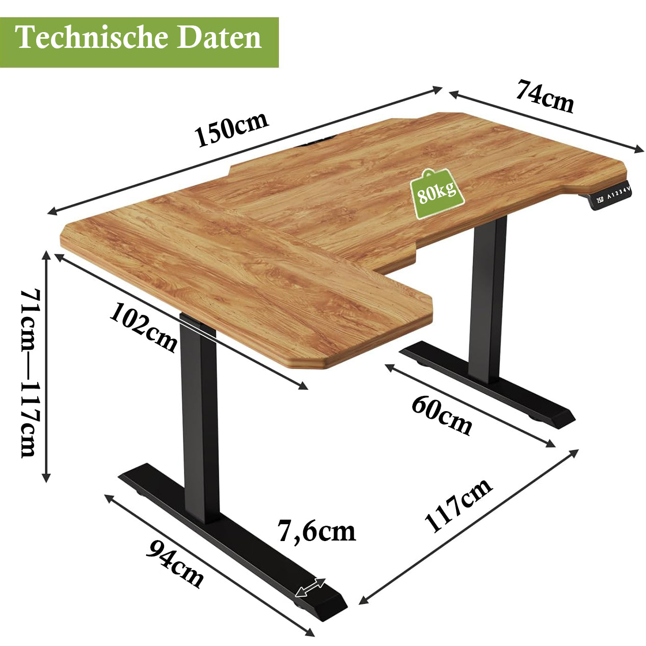 Hilodesk 150cm L-förmiger schreibtisch elektrisch höhenverstellbar eckschreibtisch, mit zwei Motoren, l förmiger tisch stehpult