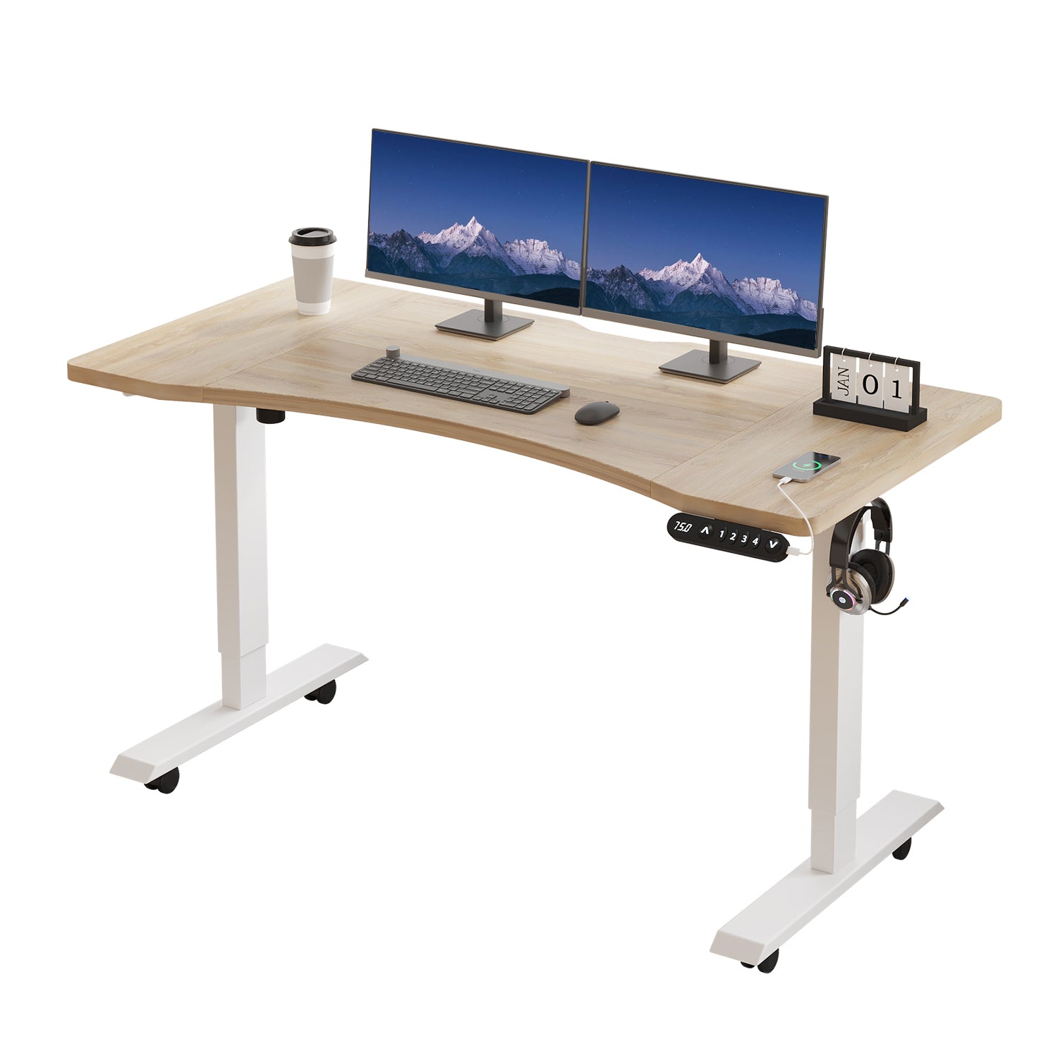 55"x 30" Standing Desk Electric Height Adjustable Computer Desk for Home&Office with Wheels, Oak or Brown