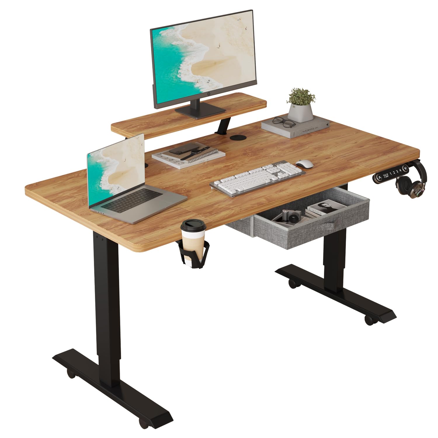 140(160) x 76 cm höhenverstellbarer elektrischer Sitz- und Stehständer für Zuhause und Büro mit Monitorständer und Schublade