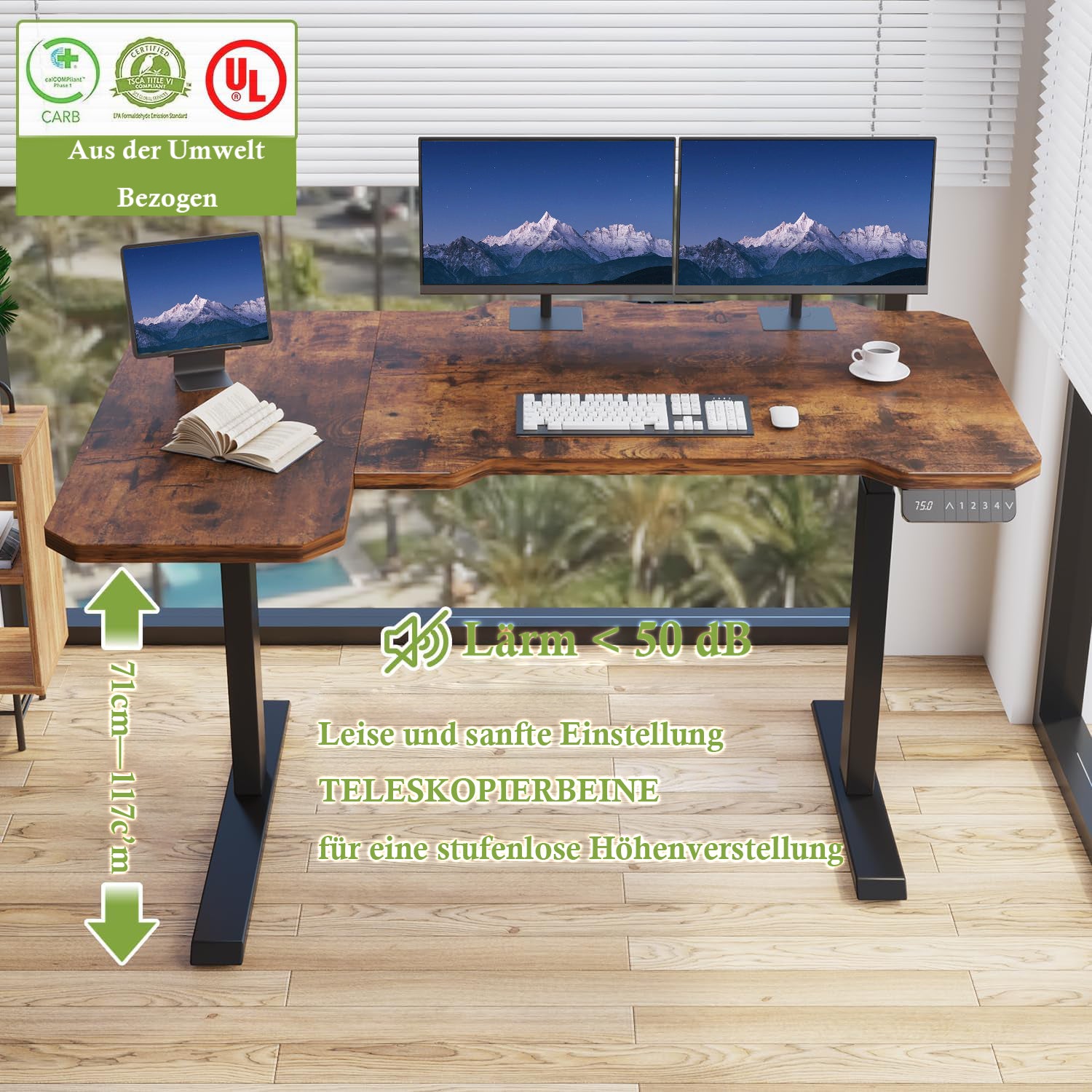 Hilodesk 150cm L-förmiger schreibtisch elektrisch höhenverstellbar eckschreibtisch, mit zwei Motoren, l förmiger tisch stehpult