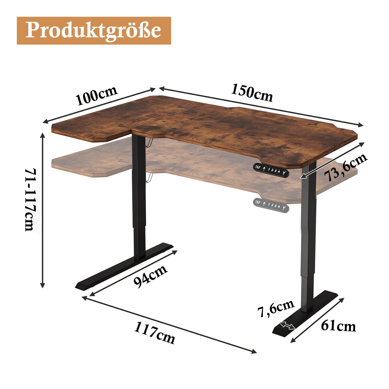 150 x 100cm L-förmiger Stehschreibtisch, Schwarz,Helle Eiche,Rustikales Braun