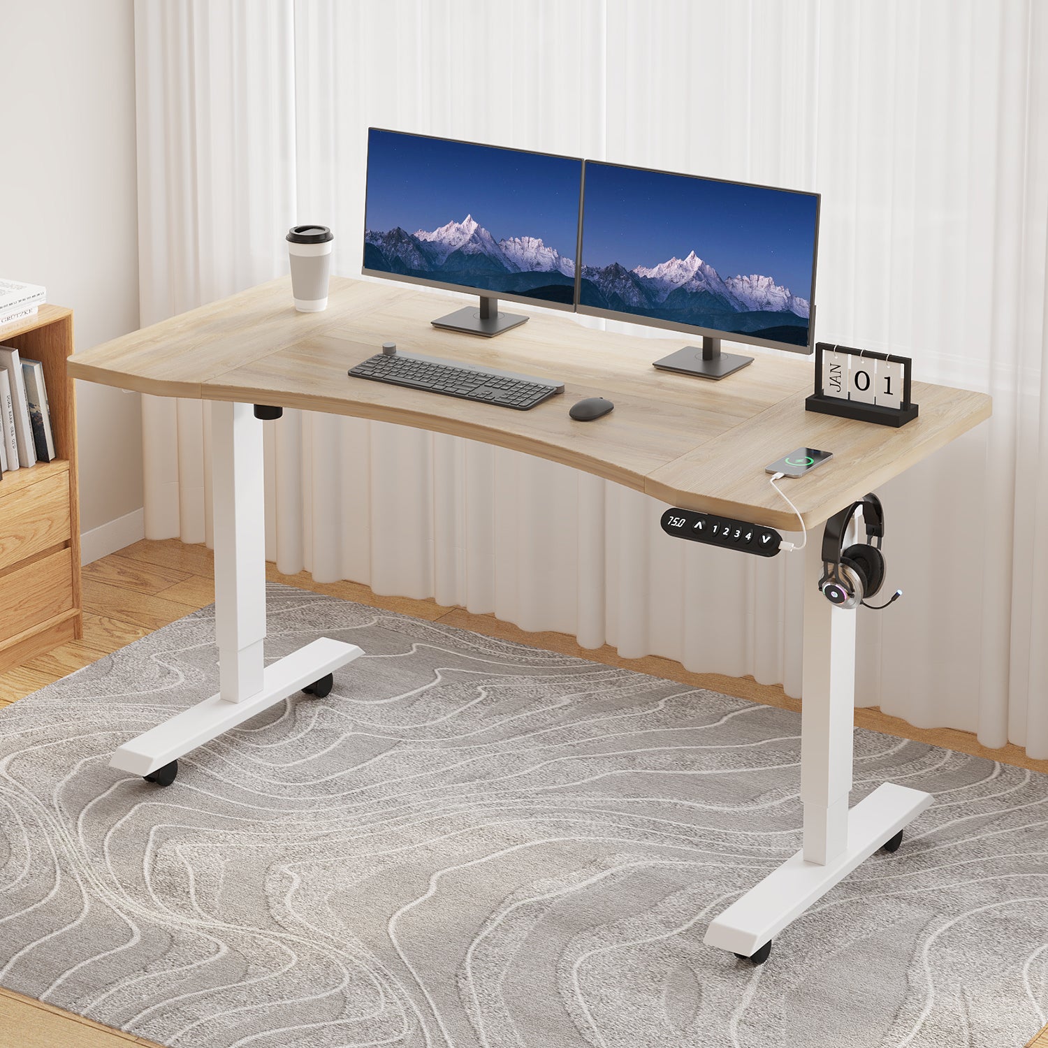 55"x 30" Standing Desk Electric Height Adjustable Computer Desk for Home&Office with Wheels, Oak or Brown