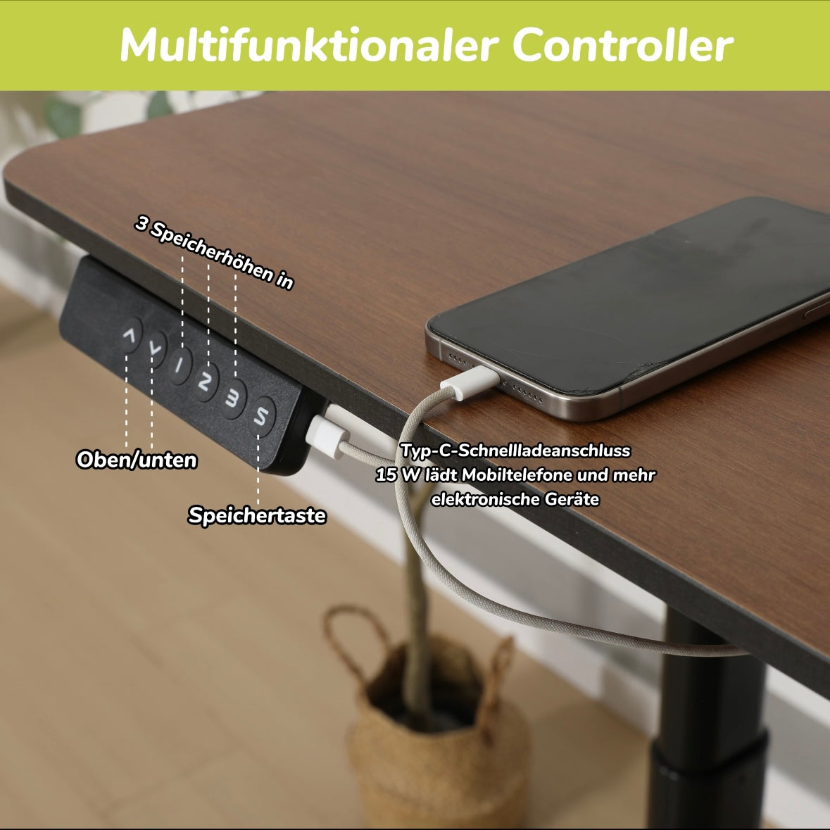 Hilodesk Höhenverstellbarer Schreibtisch elektrisch, 150 x 76 cm Tischoberfläche, Memory-Funktion mit 3 Höhen, Auffahrschutz, Braun, Weiß, Vollständiger Desktop