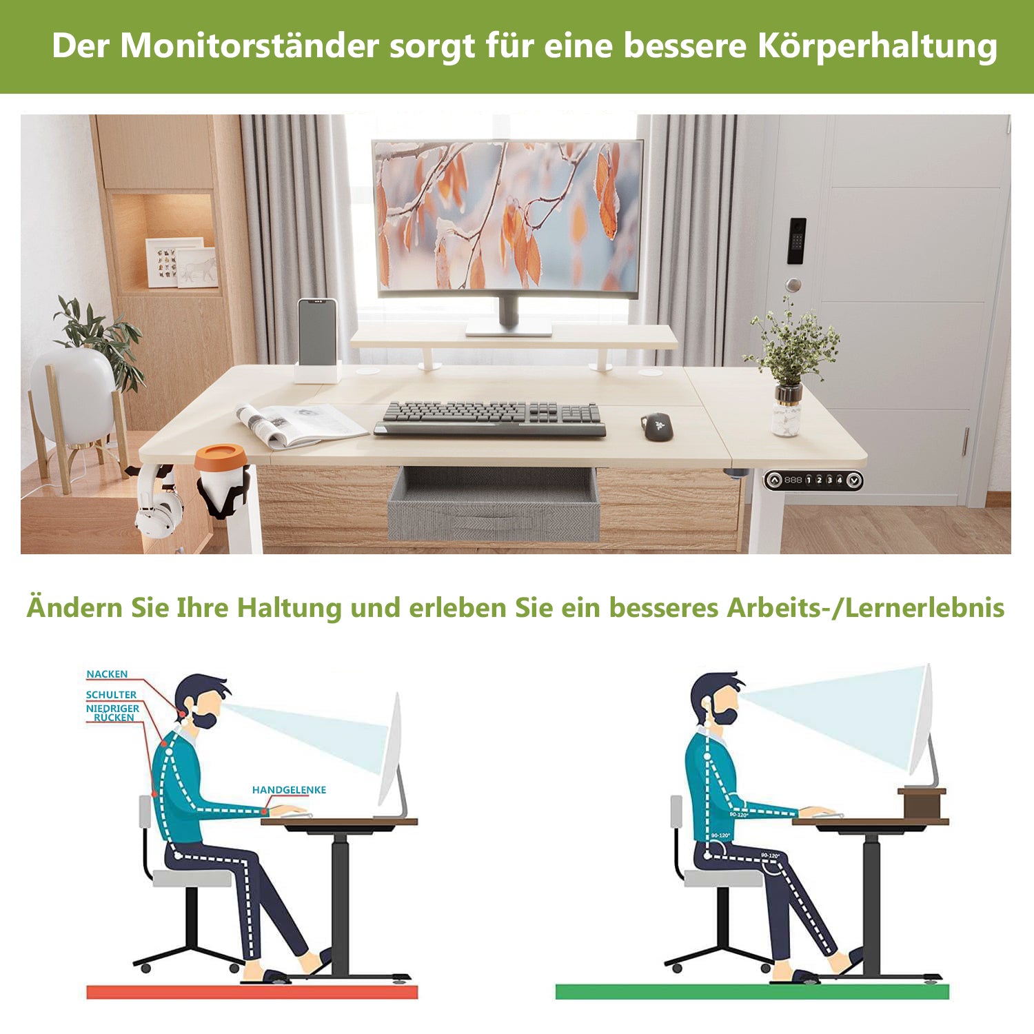 140(160) x 76 cm höhenverstellbarer elektrischer Sitz- und Stehständer für Zuhause und Büro mit Monitorständer und Schublade