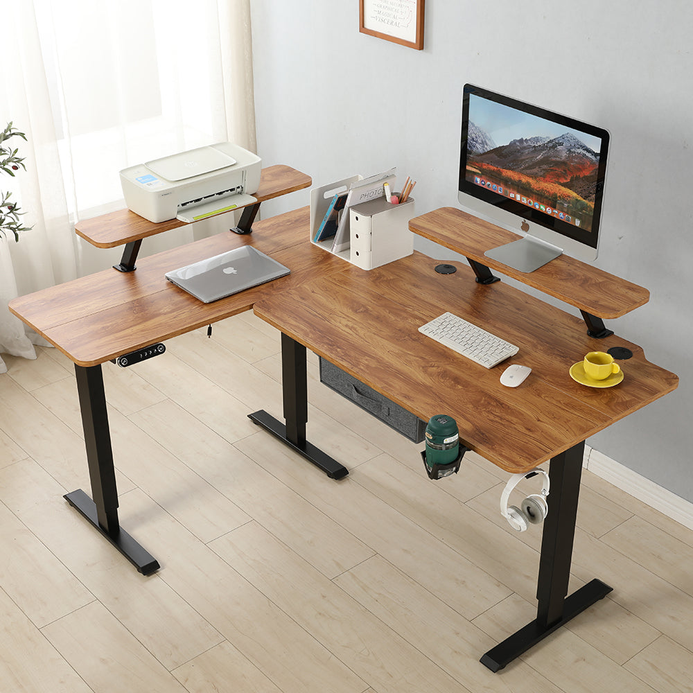 160 x 120cm L-förmiger Stehschreibtisch, verstellbarer elektrischer Sitz- und Stehpult für Zuhause und Büro mit Monitorständer und Schublade, Eiche