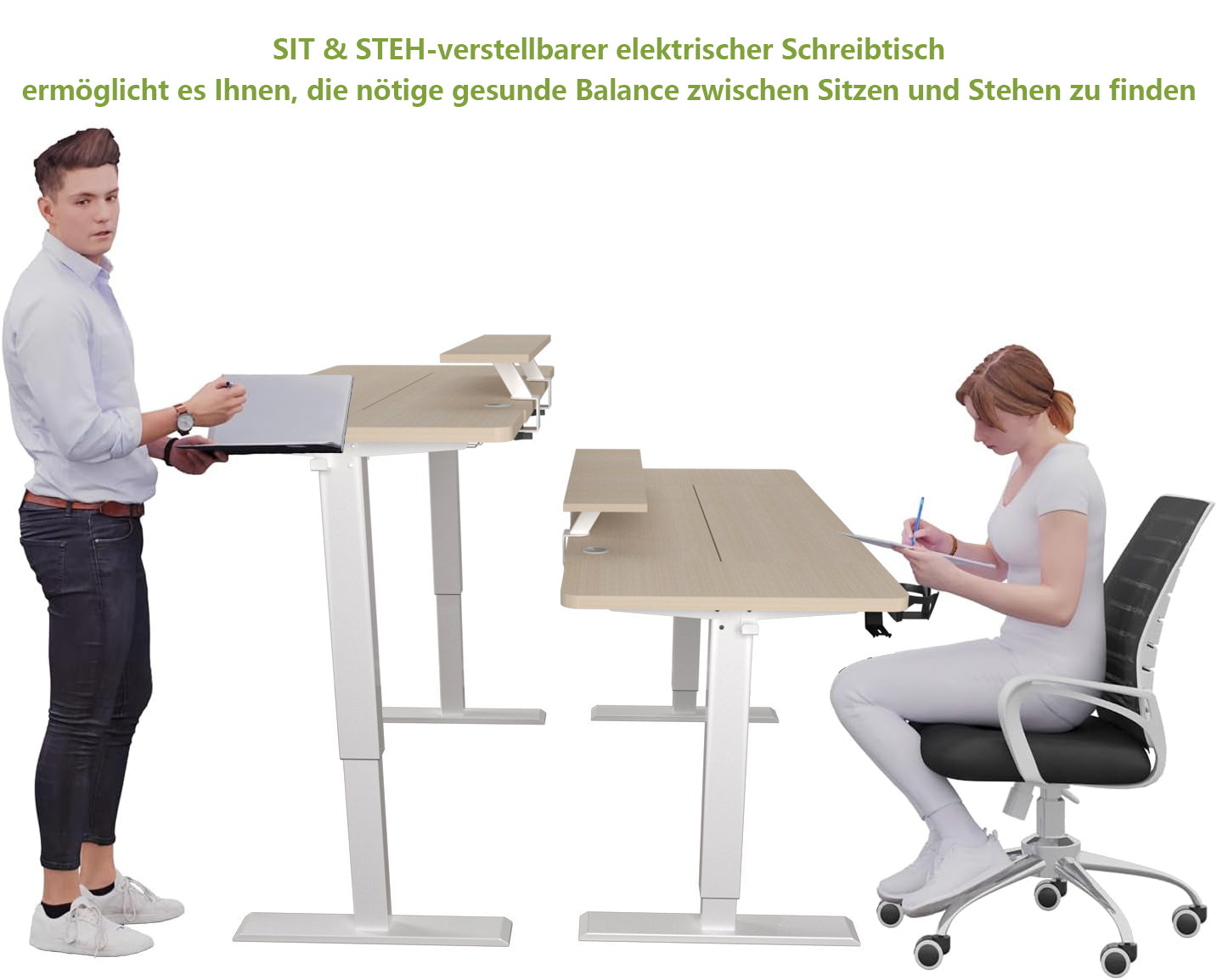 140(160) x 76 cm höhenverstellbarer elektrischer Sitz- und Stehständer für Zuhause und Büro mit Monitorständer und Schublade