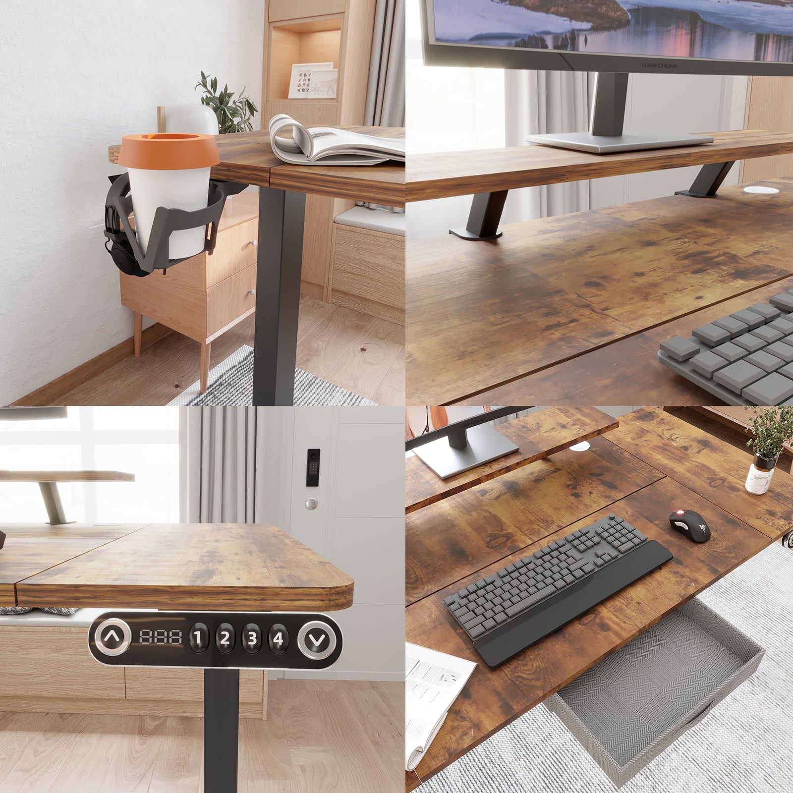 160 x 120cm L-förmiger Stehschreibtisch, verstellbarer elektrischer Sitz- und Stehpult für Zuhause und Büro mit Monitorständer und Schublade, Eiche