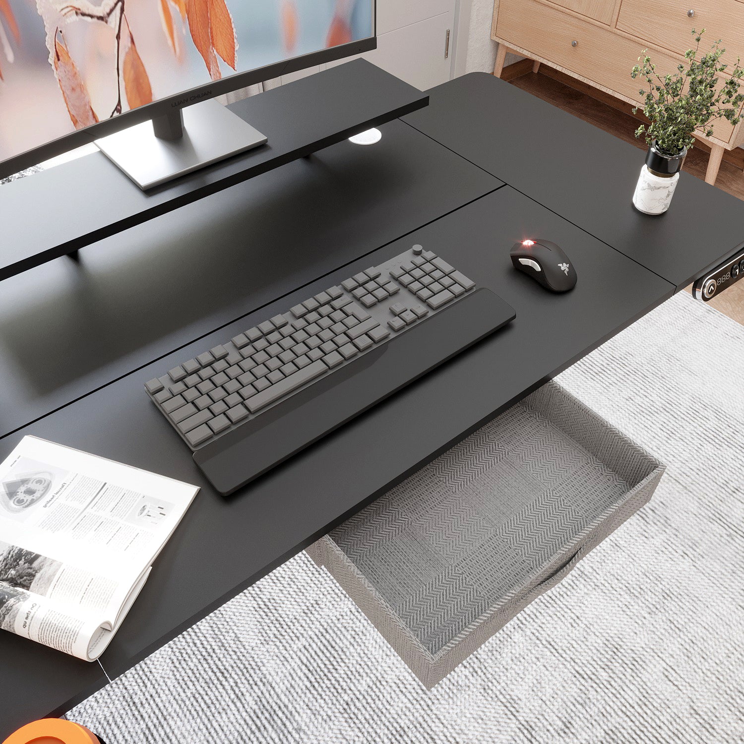 140(160) x 76 cm höhenverstellbarer elektrischer Sitz- und Stehständer für Zuhause und Büro mit Monitorständer und Schublade