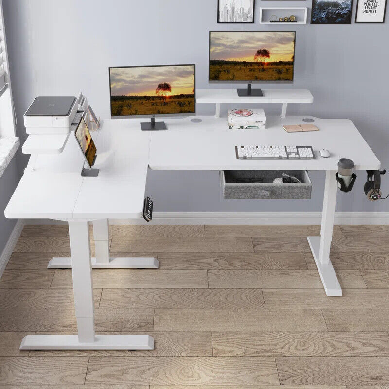 63" x 30" L-Shaped Standing Desk Adjustable Electric Sit and Stand for Home & Office with Monitor Stand and Drawer, Oak