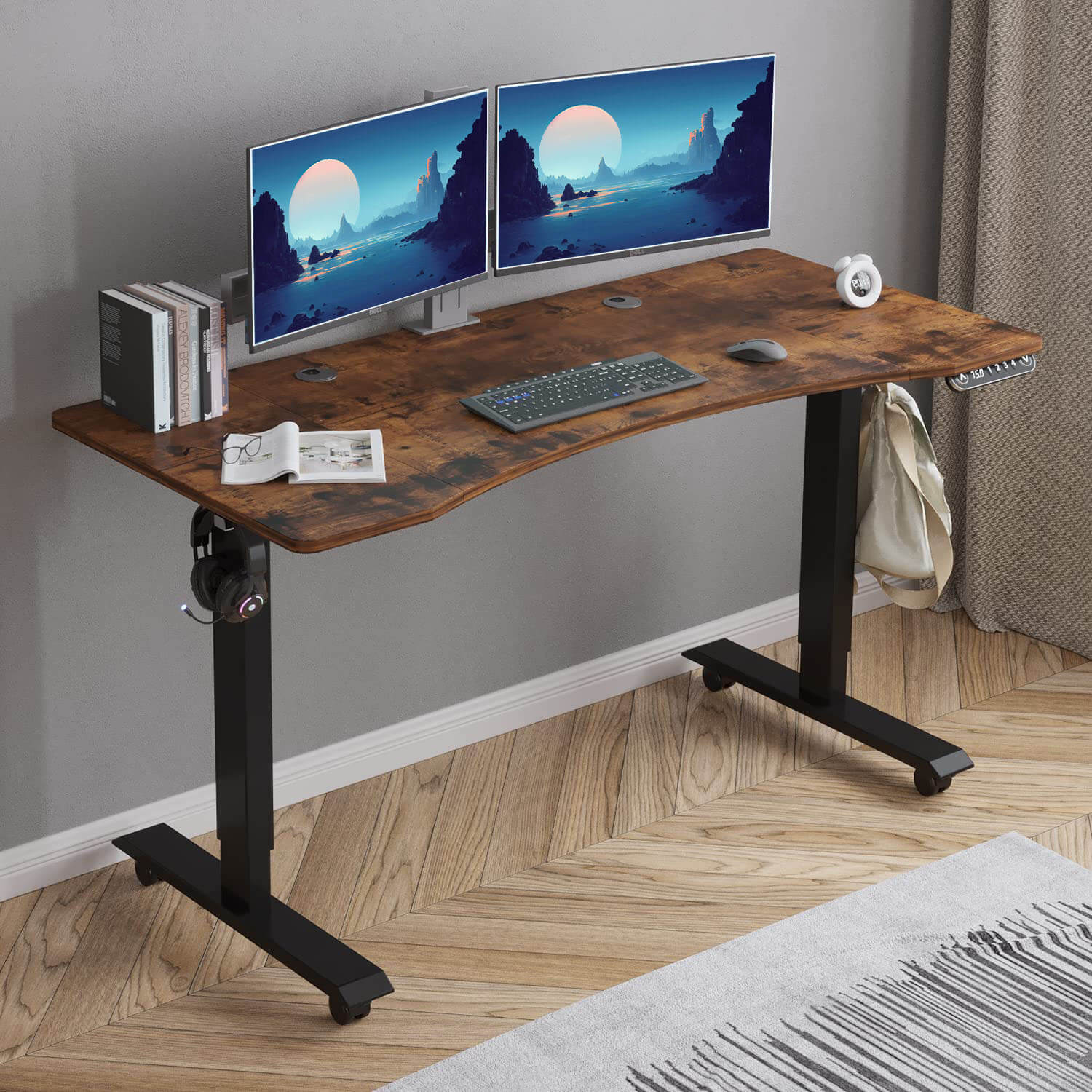 55"x 30" Standing Desk Electric Height Adjustable Computer Desk for Home&Office with Wheels, Oak or Brown