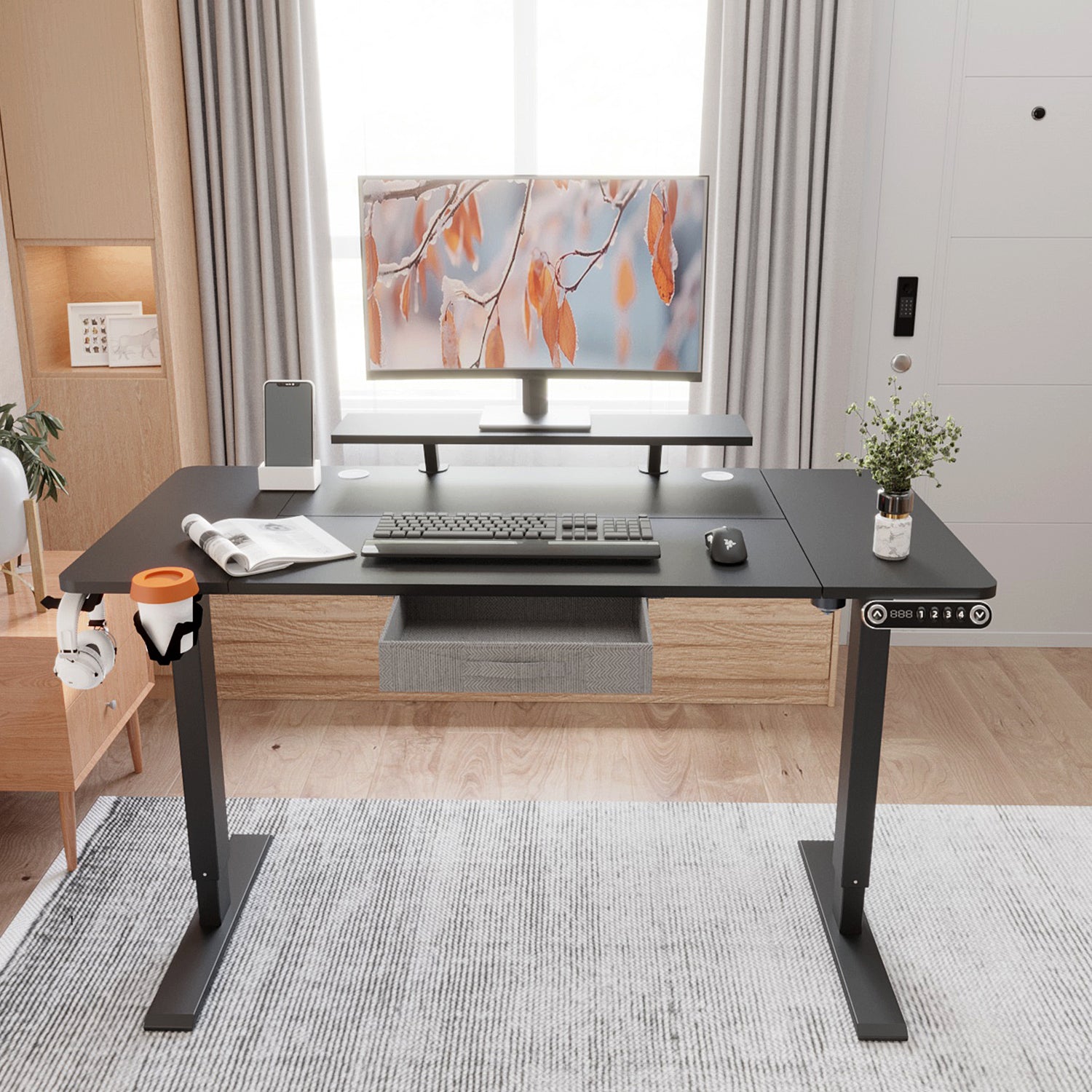 140(160) x 76 cm höhenverstellbarer elektrischer Sitz- und Stehständer für Zuhause und Büro mit Monitorständer und Schublade