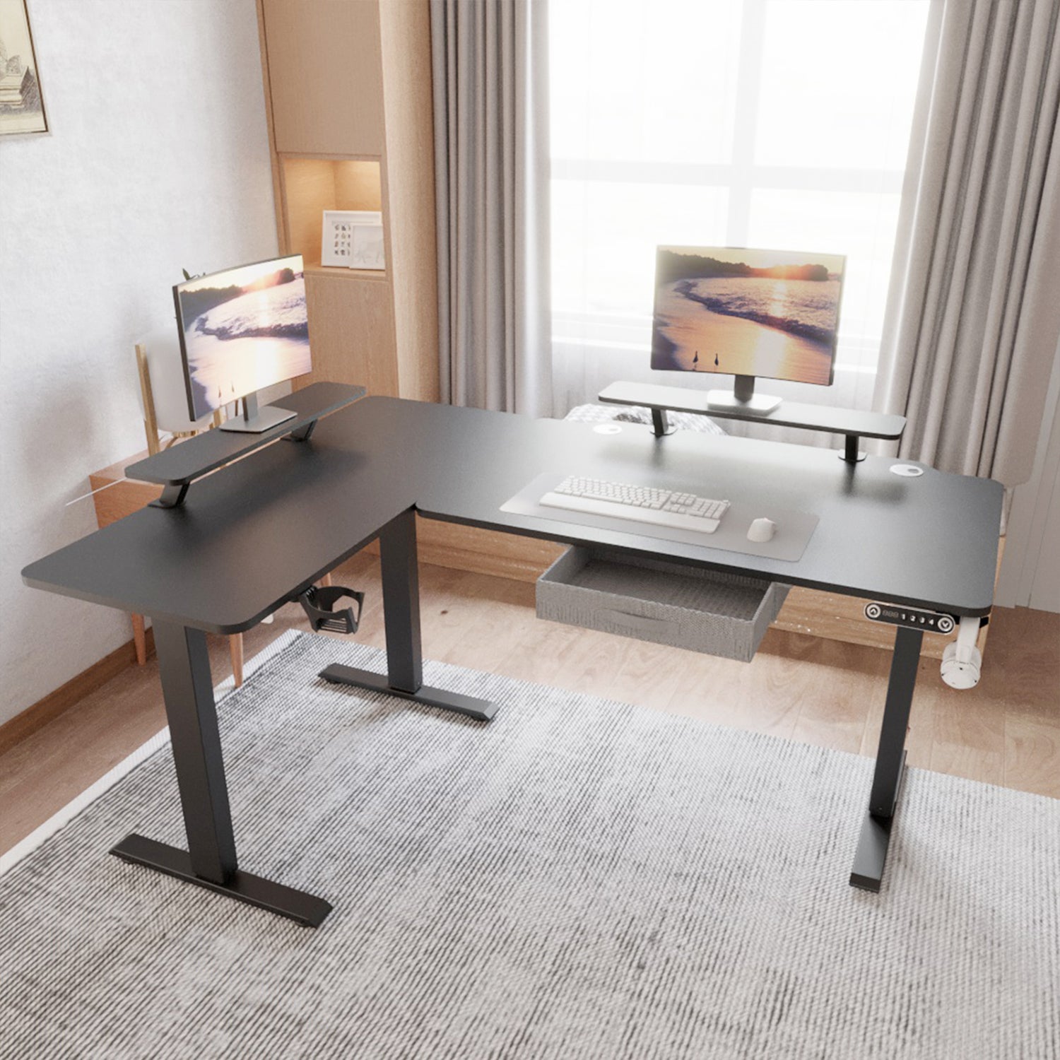 160 x 120cm L-förmiger Stehschreibtisch, verstellbarer elektrischer Sitz- und Stehpult für Zuhause und Büro mit Monitorständer und Schublade, Eiche