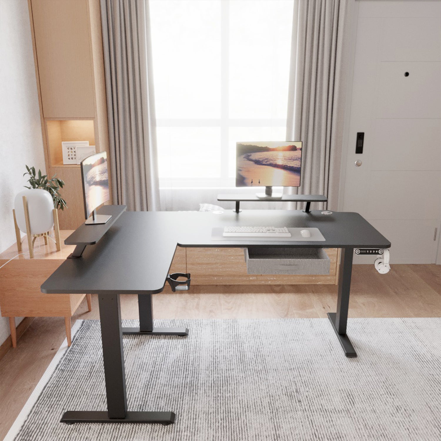 160 x 120cm L-förmiger Stehschreibtisch, verstellbarer elektrischer Sitz- und Stehpult für Zuhause und Büro mit Monitorständer und Schublade, Eiche