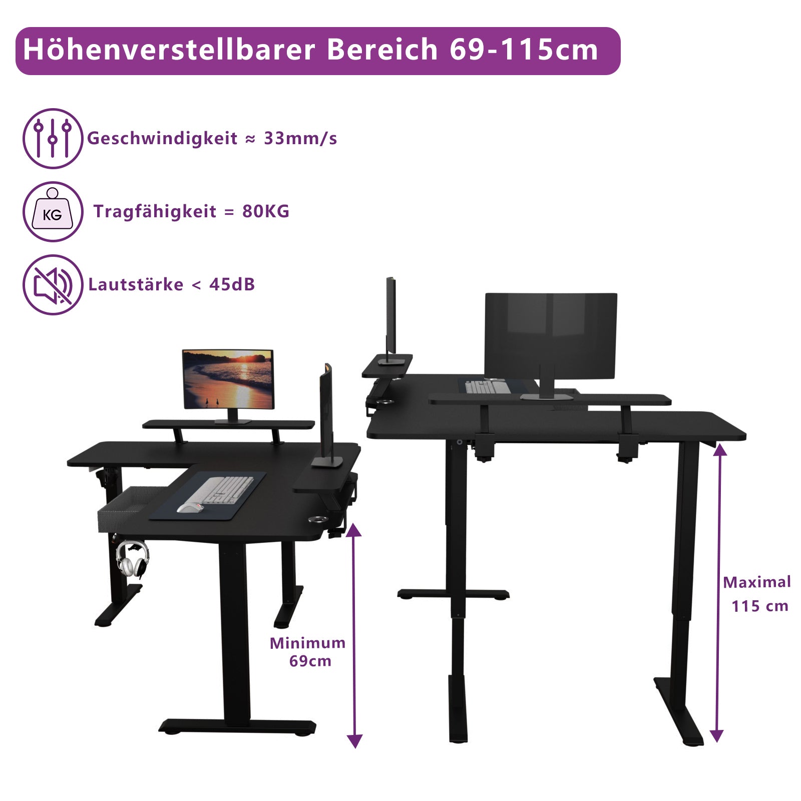 160 x 120cm L-förmiger Stehschreibtisch, verstellbarer elektrischer Sitz- und Stehpult für Zuhause und Büro mit Monitorständer und Schublade, Eiche