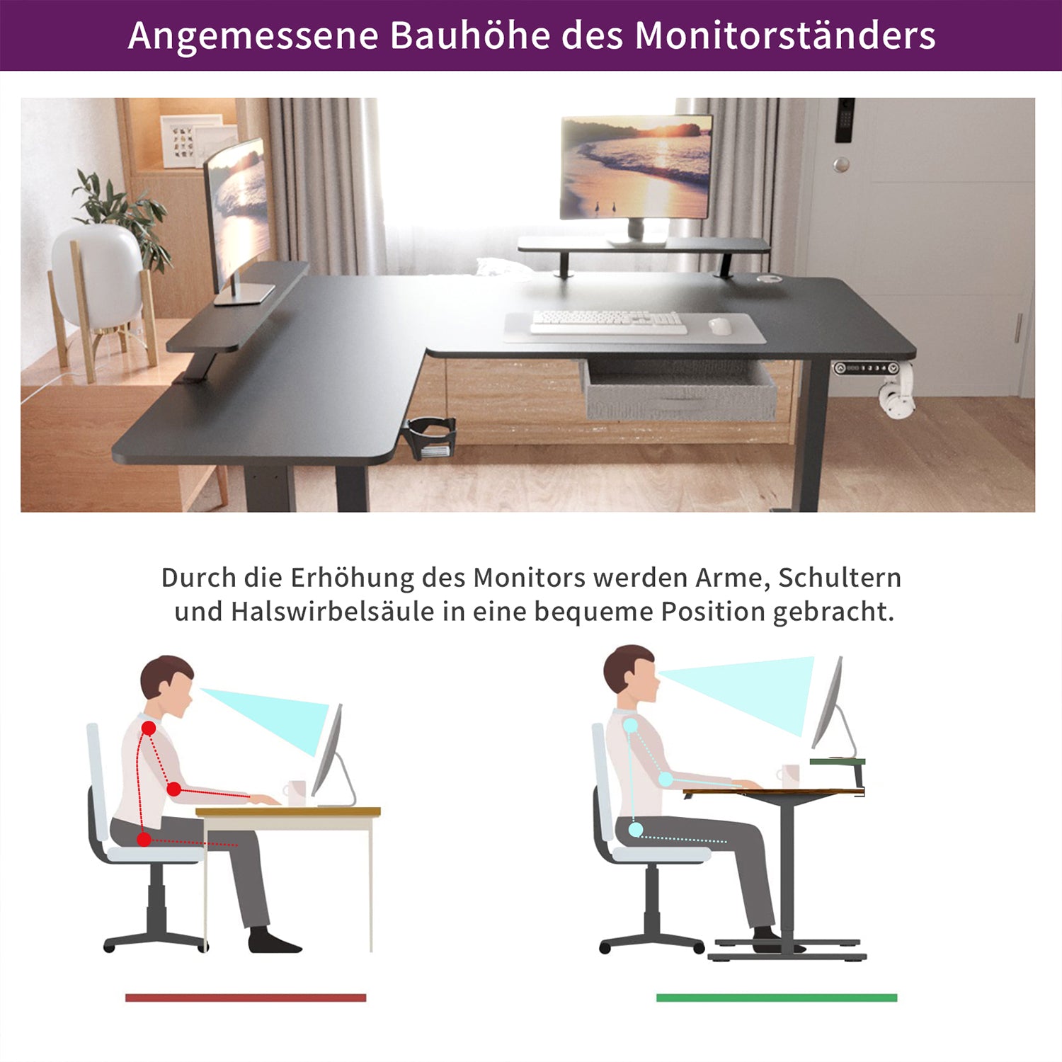 160 x 120cm L-förmiger Stehschreibtisch, verstellbarer elektrischer Sitz- und Stehpult für Zuhause und Büro mit Monitorständer und Schublade, Eiche