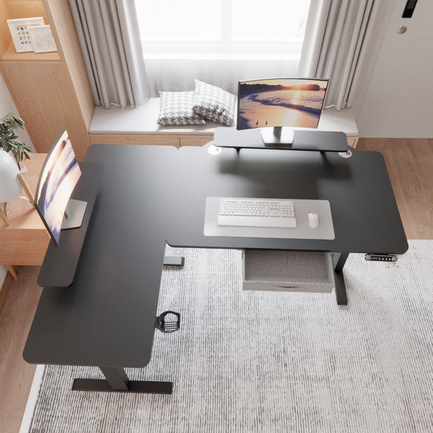 160 x 120cm L-förmiger Stehschreibtisch, verstellbarer elektrischer Sitz- und Stehpult für Zuhause und Büro mit Monitorständer und Schublade, Eiche