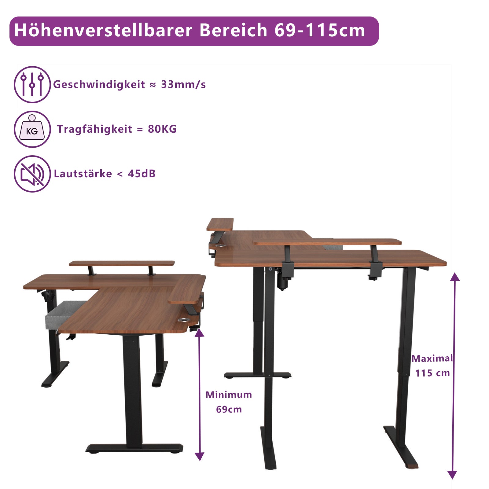 160 x 120cm L-förmiger Stehschreibtisch, verstellbarer elektrischer Sitz- und Stehpult für Zuhause und Büro mit Monitorständer und Schublade, Eiche