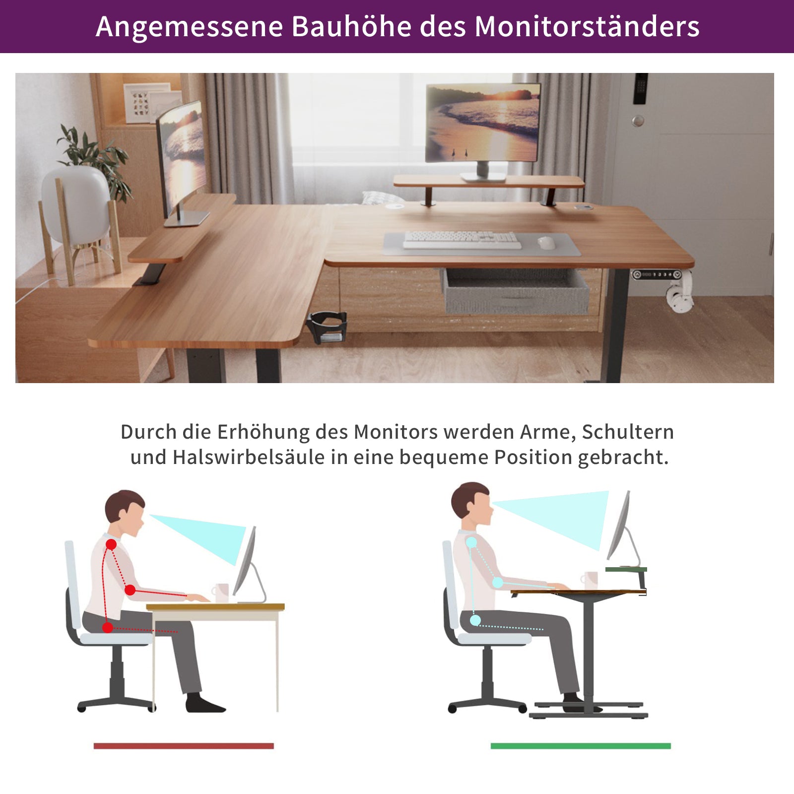 160 x 120cm L-förmiger Stehschreibtisch, verstellbarer elektrischer Sitz- und Stehpult für Zuhause und Büro mit Monitorständer und Schublade, Eiche