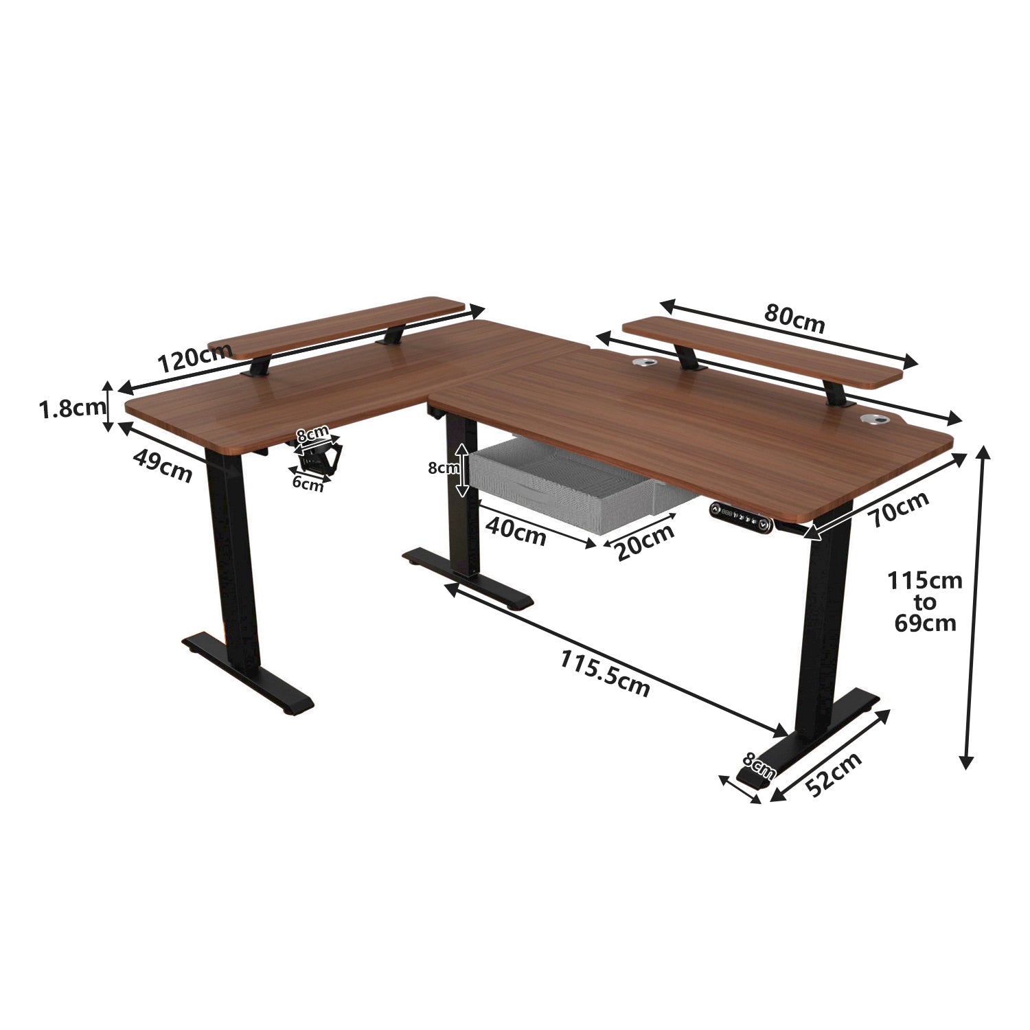 160 x 120cm L-förmiger Stehschreibtisch, verstellbarer elektrischer Sitz- und Stehpult für Zuhause und Büro mit Monitorständer und Schublade, Eiche