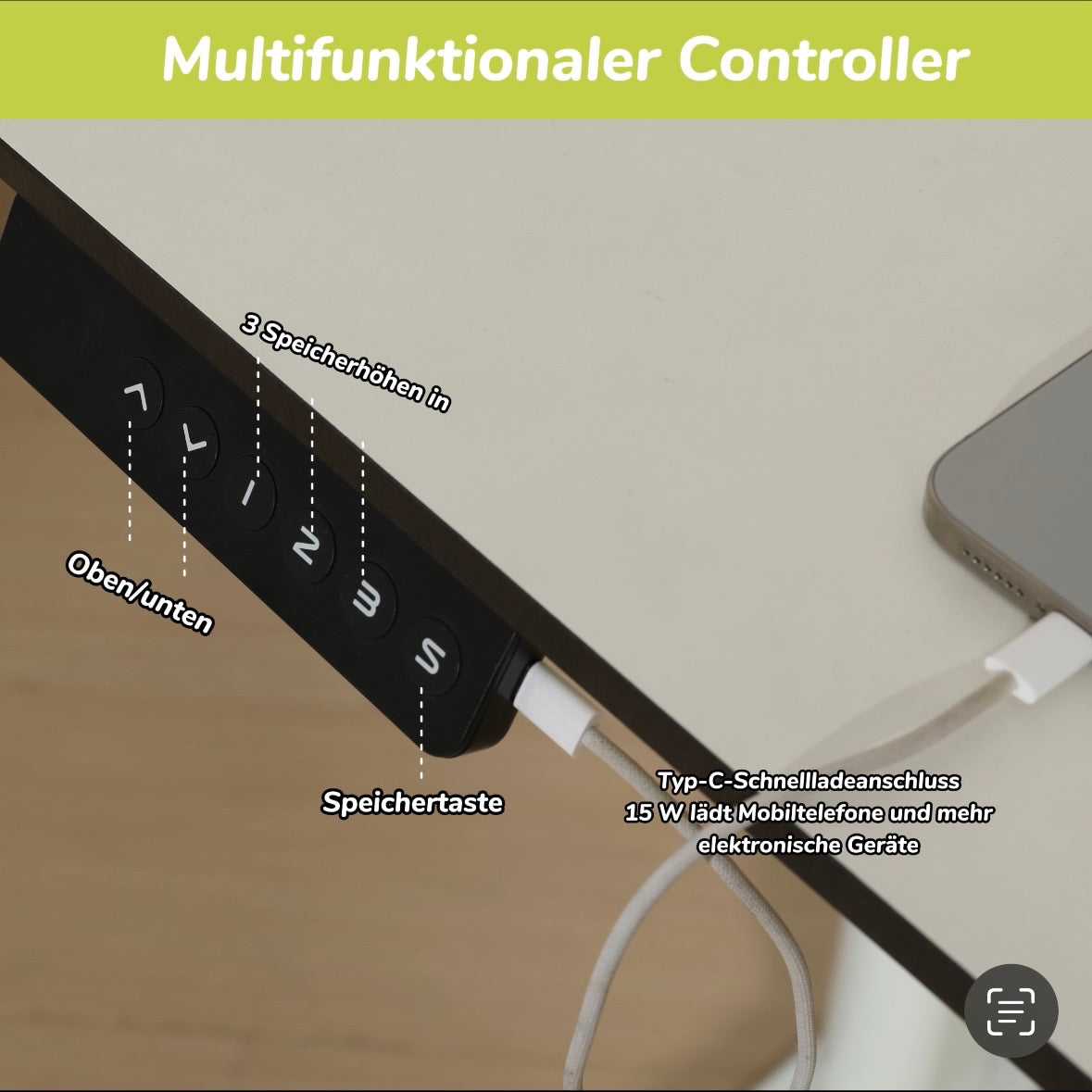 Hilodesk Höhenverstellbarer Schreibtisch elektrisch, 150 x 76 cm Tischoberfläche, Memory-Funktion mit 3 Höhen, Auffahrschutz, Braun, Weiß, Vollständiger Desktop