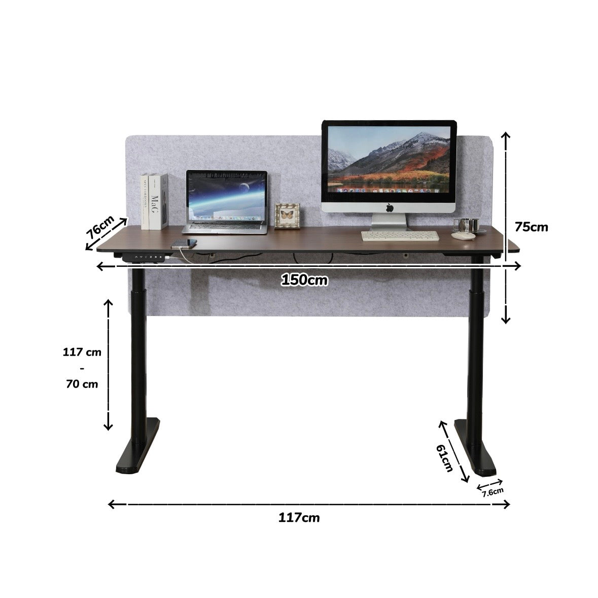Hilodesk Höhenverstellbarer Schreibtisch elektrisch, 150 x 76 cm Tischoberfläche, Memory-Funktion mit 3 Höhen, Auffahrschutz, Braun, Weiß, Vollständiger Desktop