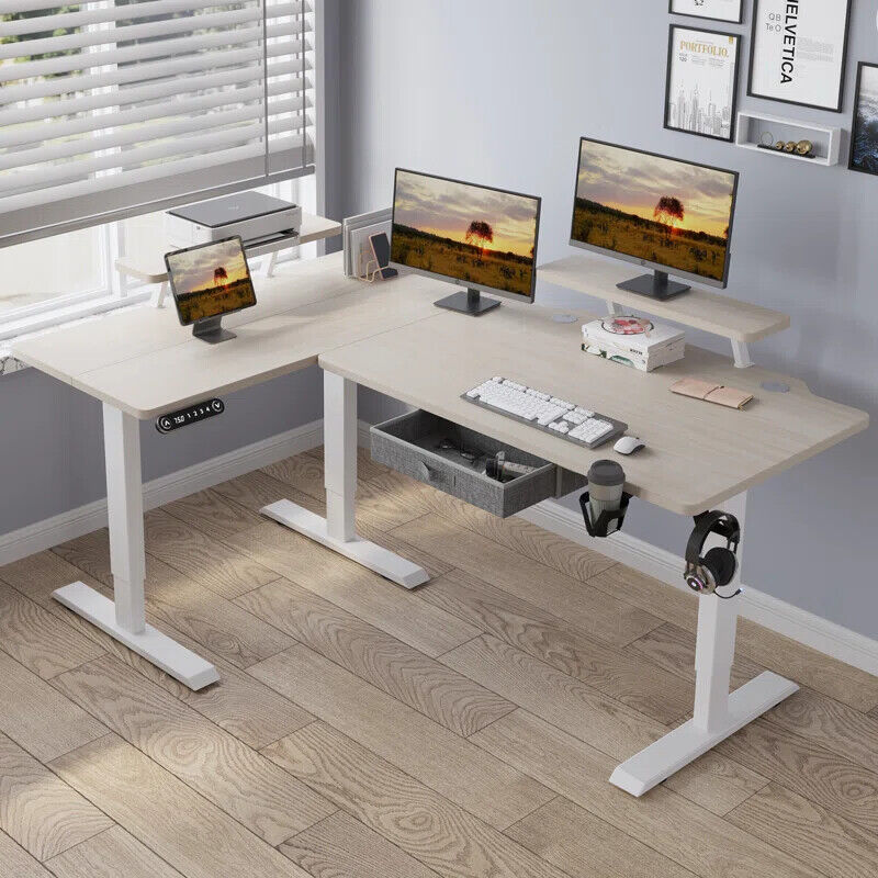 63" x 30" L-Shaped Standing Desk Adjustable Electric Sit and Stand for Home & Office with Monitor Stand and Drawer, Oak