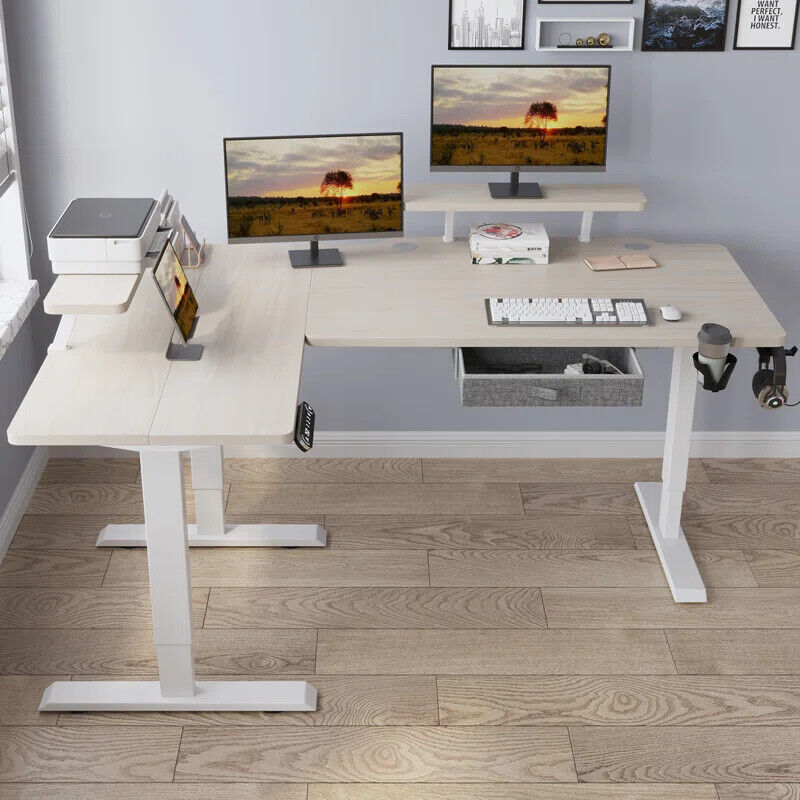 63" x 30" L-Shaped Standing Desk Adjustable Electric Sit and Stand for Home & Office with Monitor Stand and Drawer, Oak