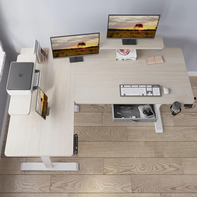 63" x 30" L-Shaped Standing Desk Adjustable Electric Sit and Stand for Home & Office with Monitor Stand and Drawer, Oak