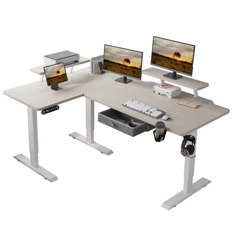 63" x 30" L-Shaped Standing Desk Adjustable Electric Sit and Stand for Home & Office with Monitor Stand and Drawer, Oak