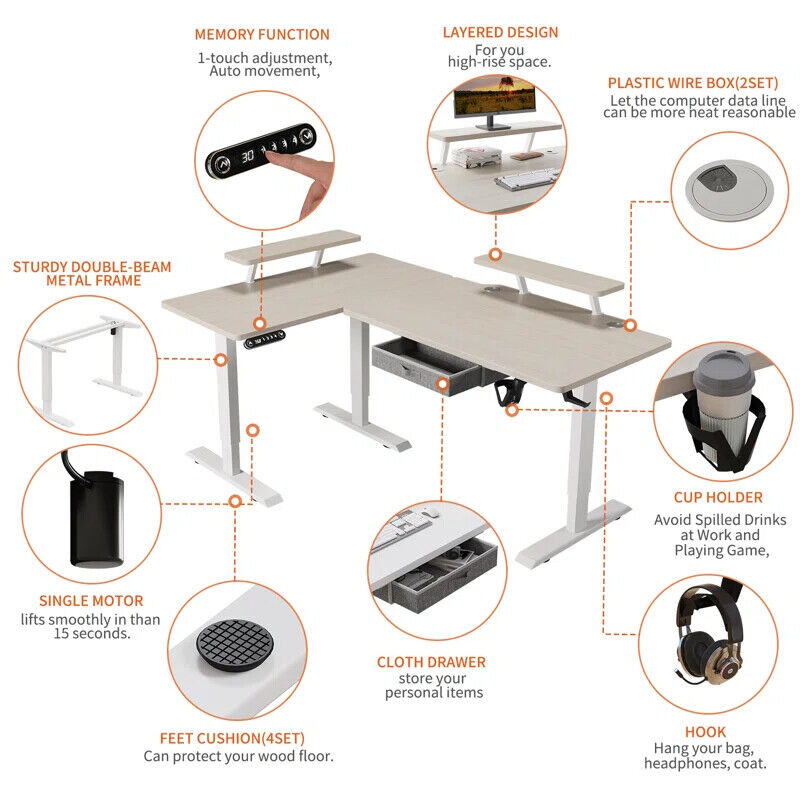 63" x 30" L-Shaped Standing Desk Adjustable Electric Sit and Stand for Home & Office with Monitor Stand and Drawer, Oak