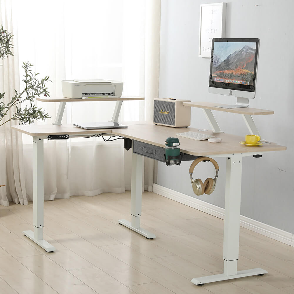 63" x 30" L-Shaped Standing Desk Adjustable Electric Sit and Stand for Home & Office with Monitor Stand and Drawer, Oak