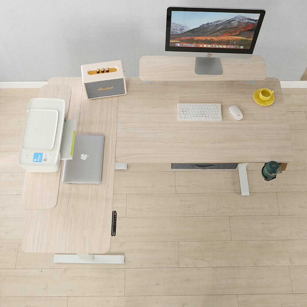 160 x 120cm L-förmiger Stehschreibtisch, verstellbarer elektrischer Sitz- und Stehpult für Zuhause und Büro mit Monitorständer und Schublade, Eiche