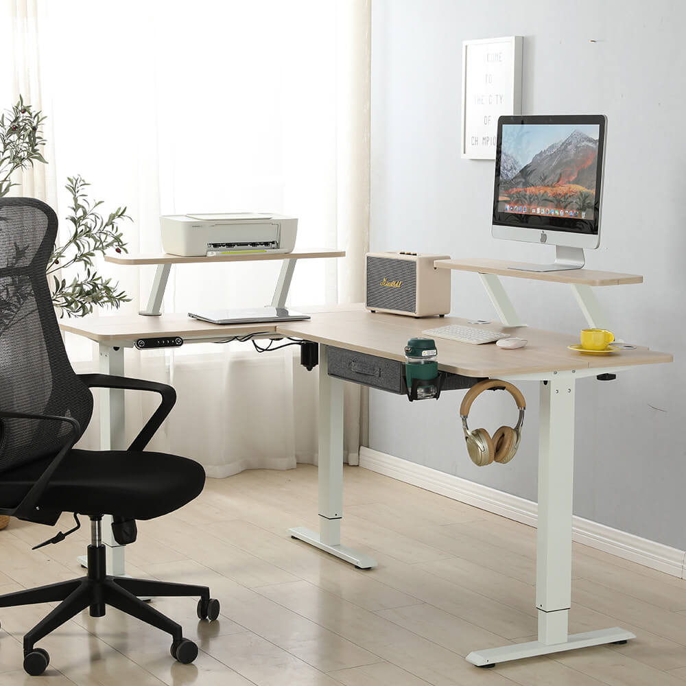63" x 30" L-Shaped Standing Desk Adjustable Electric Sit and Stand for Home & Office with Monitor Stand and Drawer, Oak