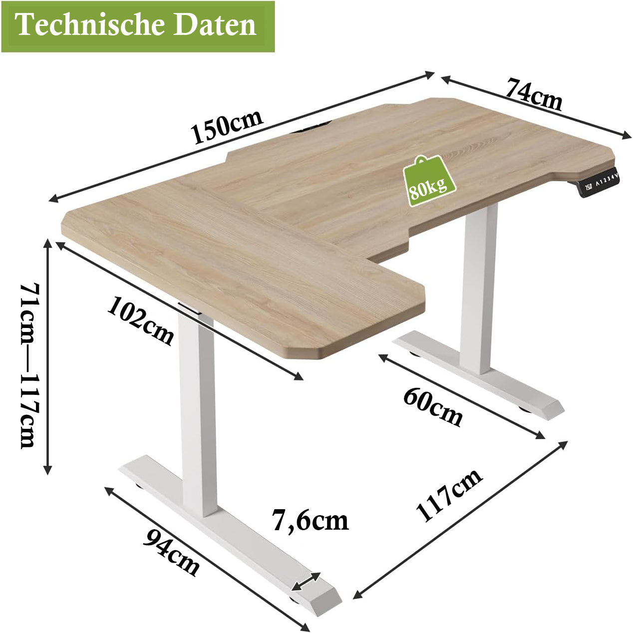 Hilodesk 150cm L-förmiger schreibtisch elektrisch höhenverstellbar eckschreibtisch, mit zwei Motoren, l förmiger tisch stehpult
