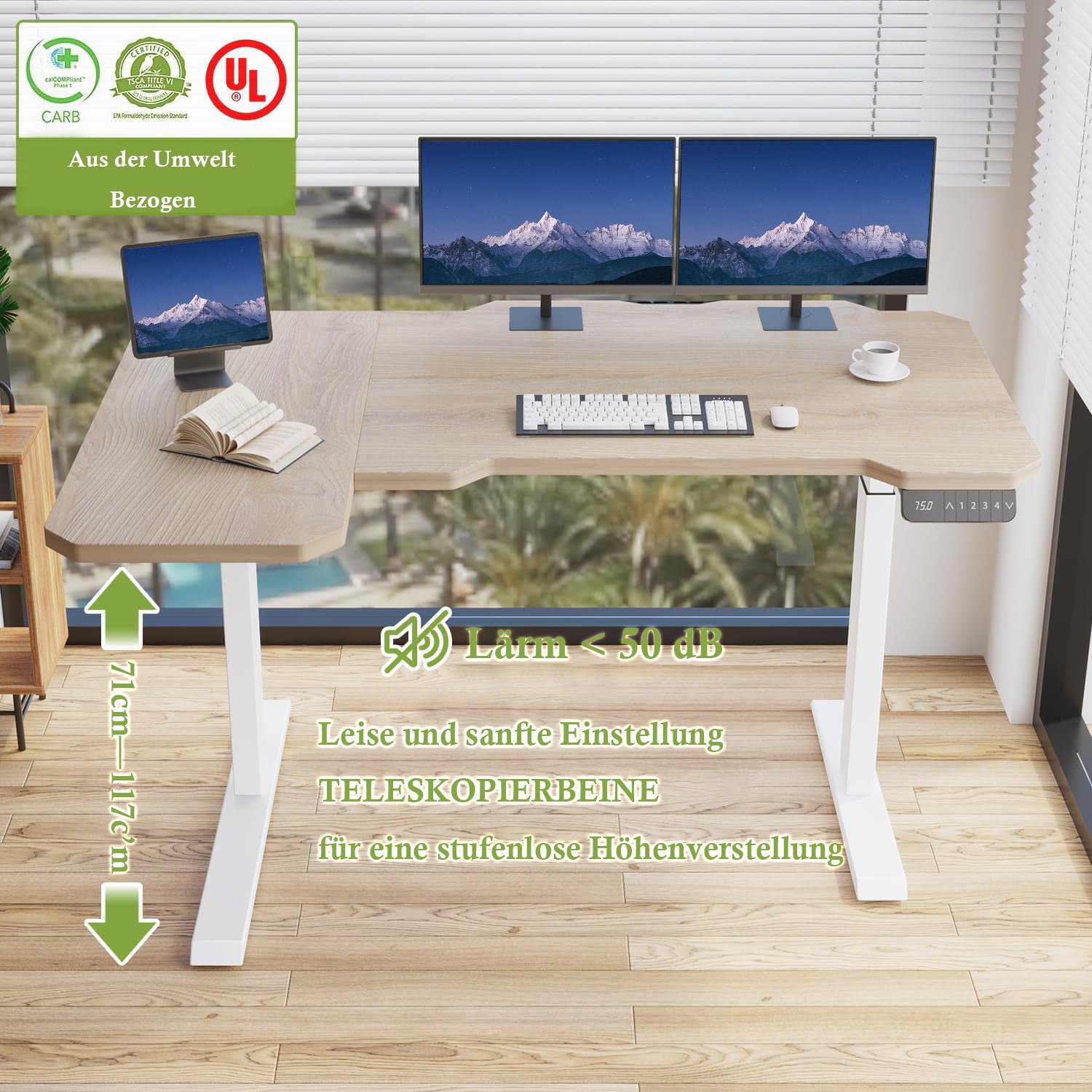 Hilodesk 150cm L-förmiger schreibtisch elektrisch höhenverstellbar eckschreibtisch, mit zwei Motoren, l förmiger tisch stehpult