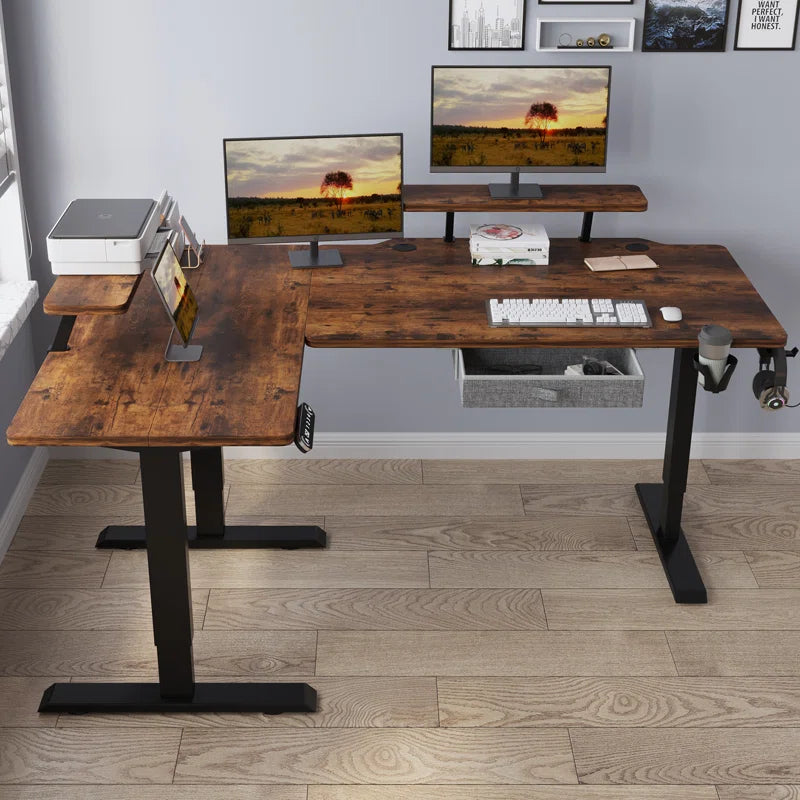 63" x 30" L-Shaped Standing Desk Adjustable Electric Sit and Stand for Home & Office with Monitor Stand and Drawer, Oak