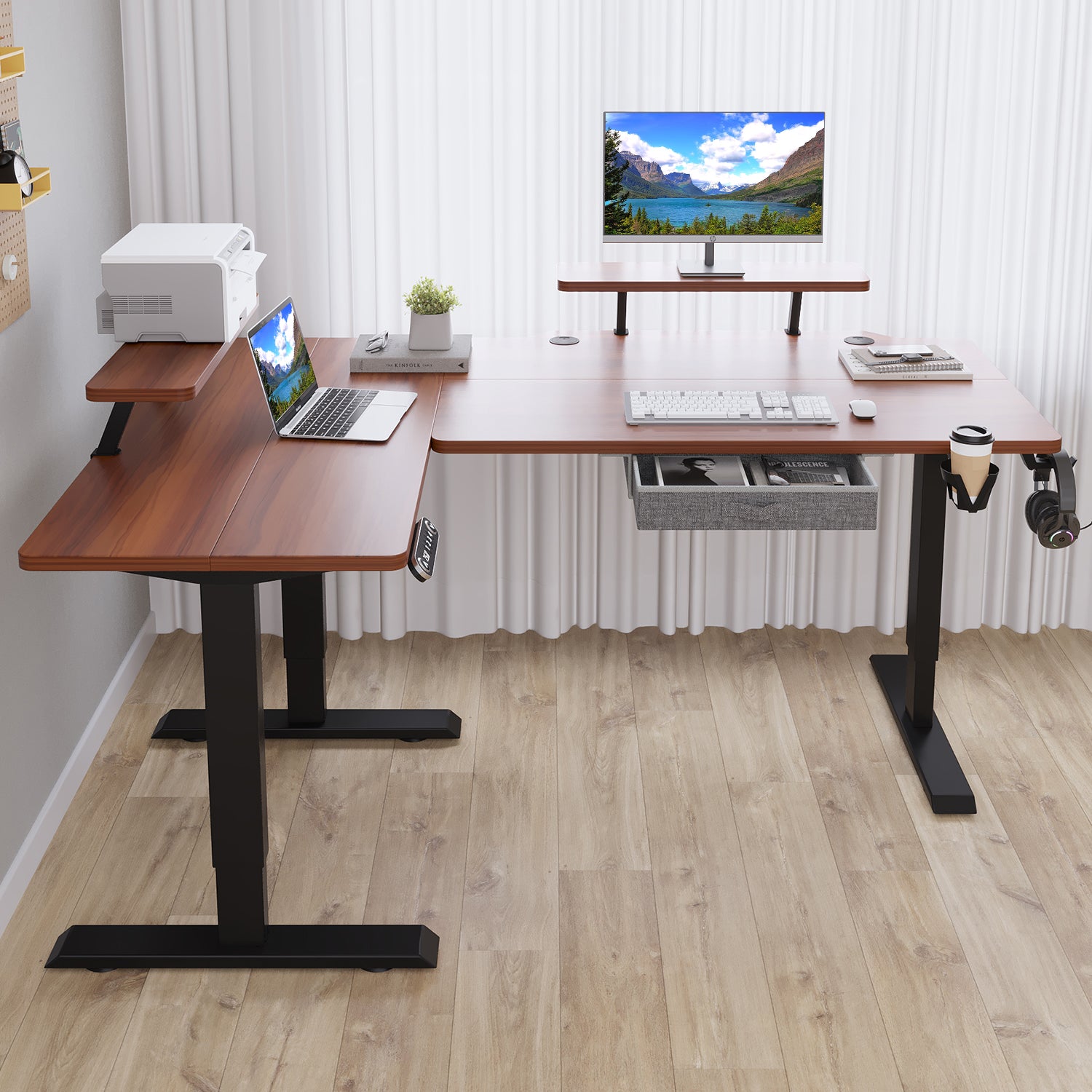 63" x 30" L-Shaped Standing Desk Adjustable Electric Sit and Stand for Home & Office with Monitor Stand and Drawer, Oak
