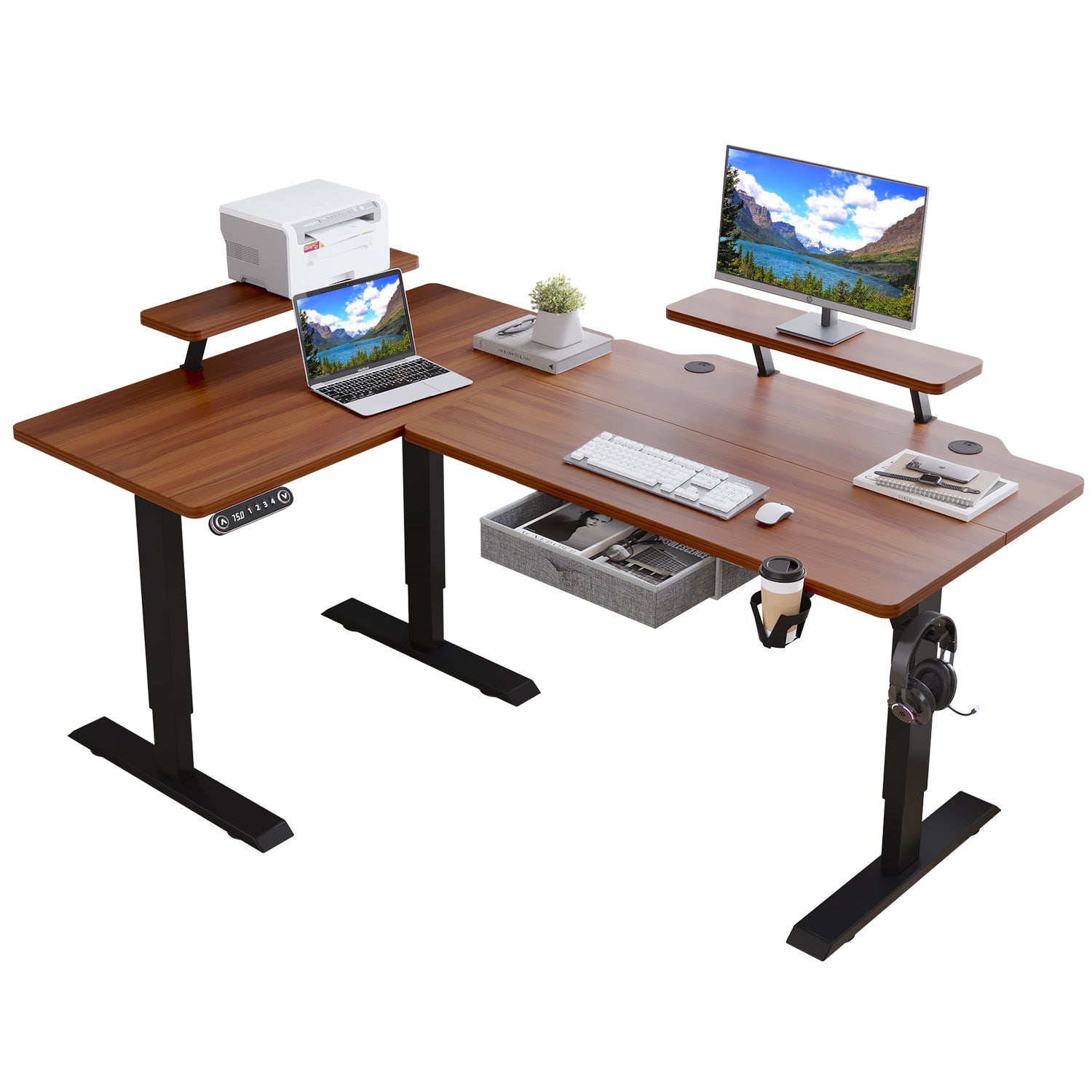 63" x 30" L-Shaped Standing Desk Adjustable Electric Sit and Stand for Home & Office with Monitor Stand and Drawer, Oak