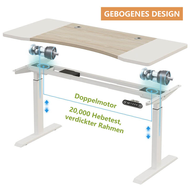150 x 72cm Schreibtisch Höhenverstellbar Elektrisch,  mit zwei Motoren, mit 4-Funktions-Memory-Steuerung, Rollen, Weiß, Rustikales Braun