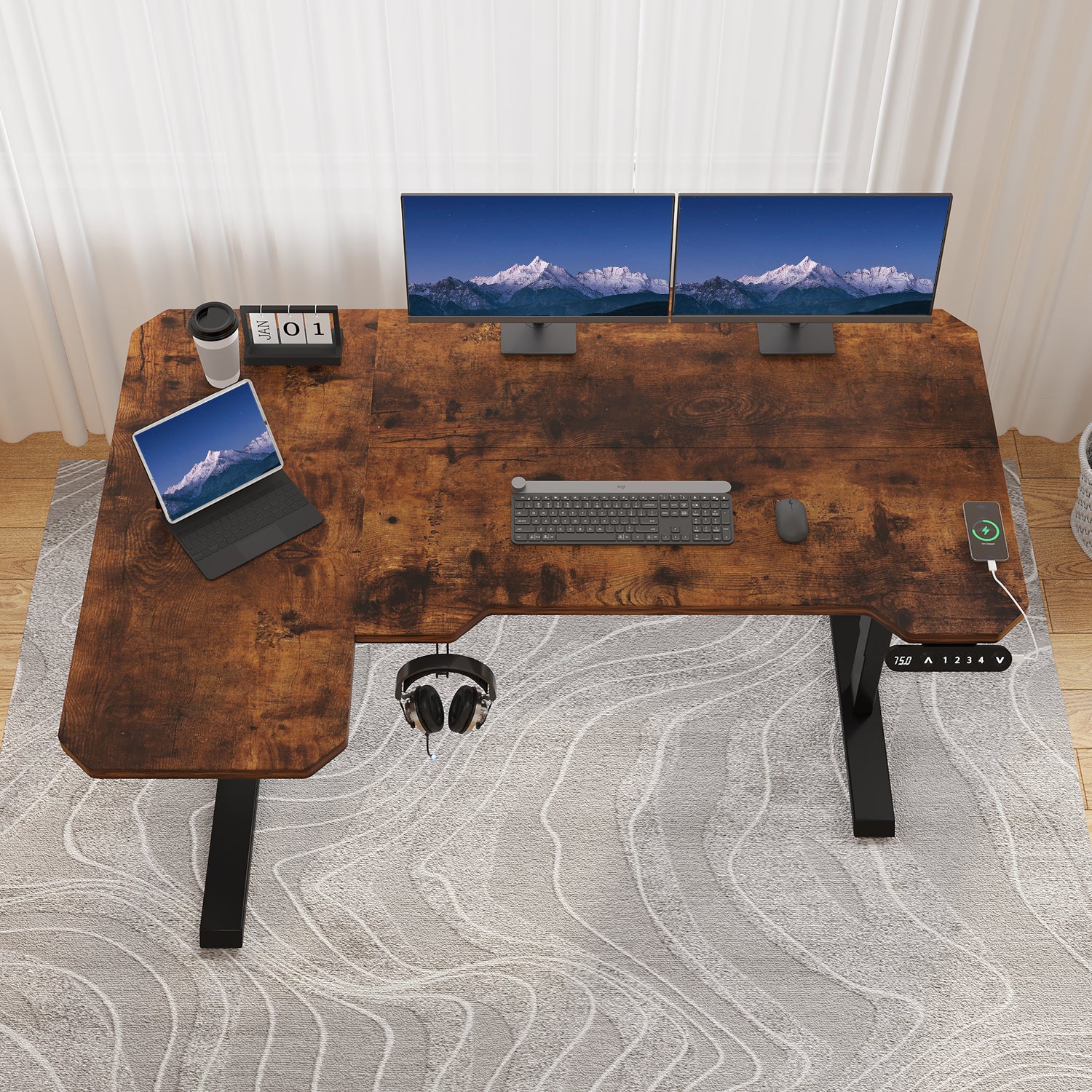 150 x 100cm Schreibtisch Höhenverstellbar Elektrisch, L-förmiger Stehpult, Rollen, Rustikales Braun, Schwarz, Helle Eiche